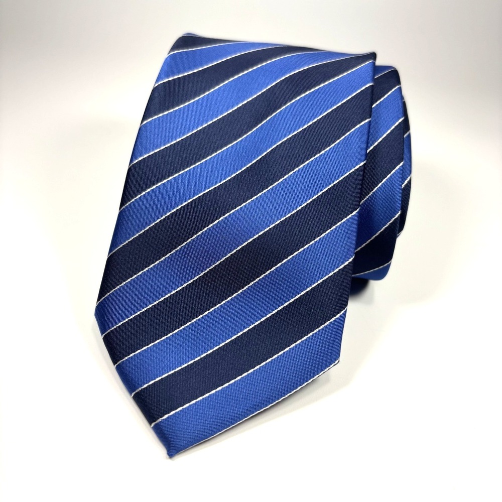 Firenze Mens Luxury Tie Blue w/ Navy & White Diagonal Stripes 100% Silk Repp 60"